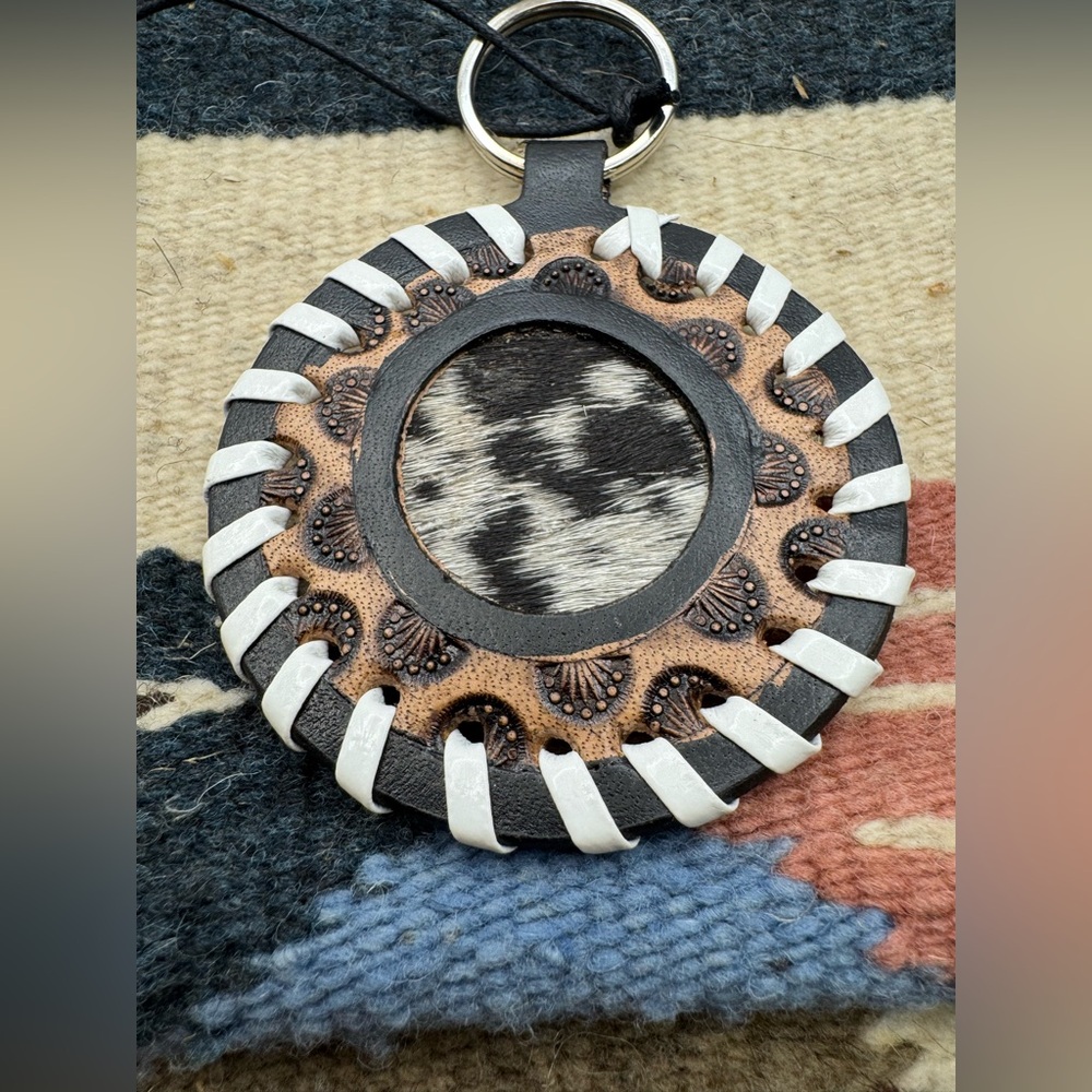 New Myra Bag “Protector” Charm Leather Keyfob S-10781 Black, White And Brown 3”